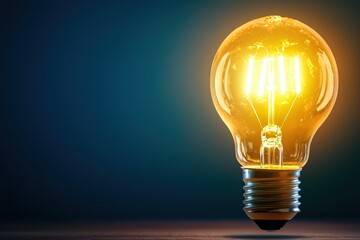Illuminated light bulb glowing brightly against a dark background.