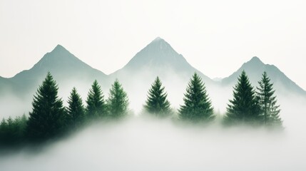 Fototapeta premium A foggy landscape, the shapes of the trees and mountains blurred and indistinct, creating a sense of mystery and wonder.