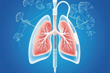 Illustration of human lungs with respiratory elements on a blue background.