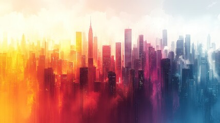 A vibrant city skyline at sunset, blending colors and silhouettes of skyscrapers.