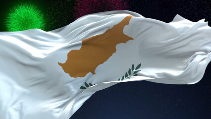 Cyprus flag - Waving flag on celebrating fireworks for national holiday day. Ceremony for patriotic...
