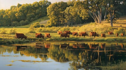 Fototapeta premium Cows Grazing by a Pond in a Tranquil Forest Setting