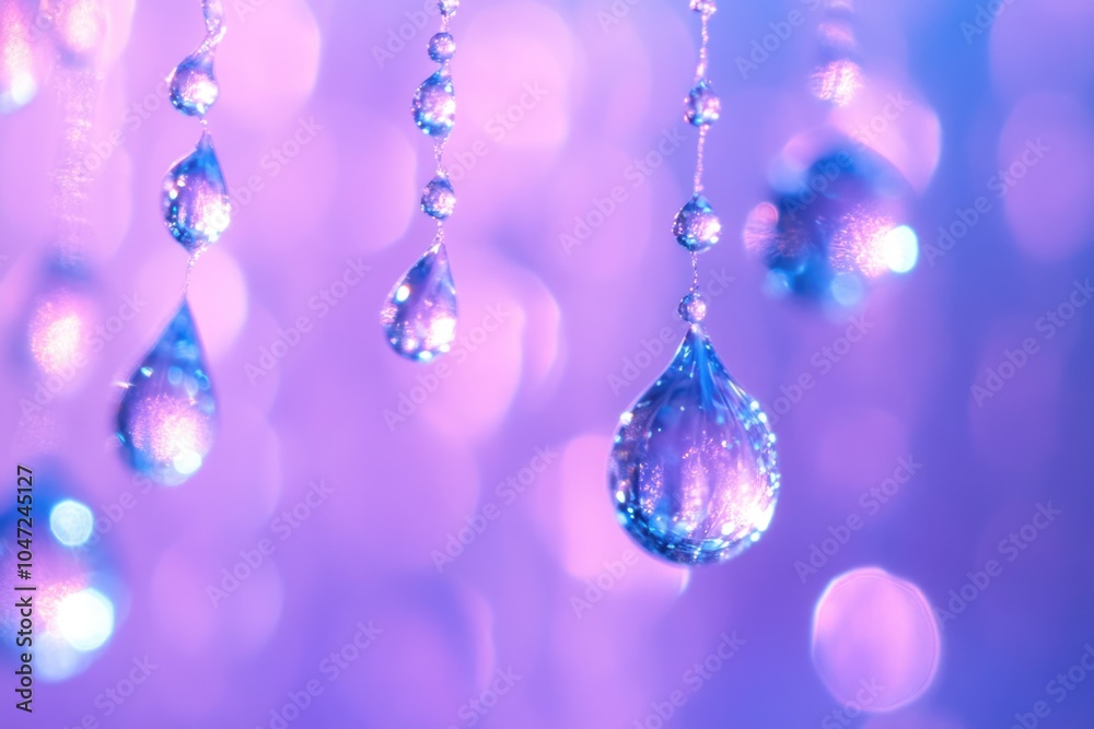 Poster close-up of water droplets hanging from a string, transparent and shiny
