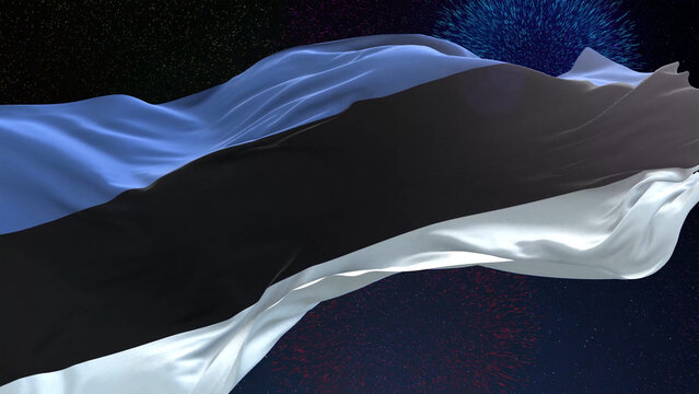 Estonia flag - Waving flag on celebrating fireworks for national holiday day. Ceremony for patriotic celebration of nation - Powered by Adobe