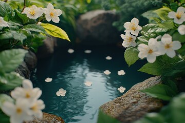 Serene pond surrounded by lush greenery and flowering plants, creating a tranquil natural oasis.