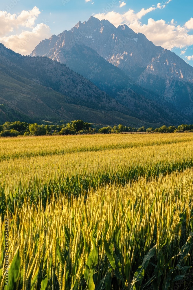 Poster a sunny day scene with a field of crops and mountains in the background
