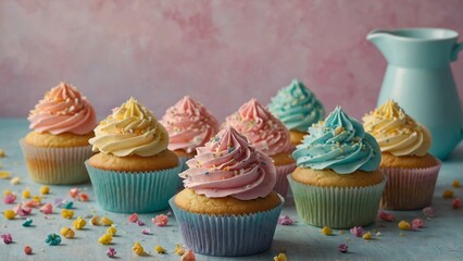 colorful and pastel cupcakes for springtime or baby shower.