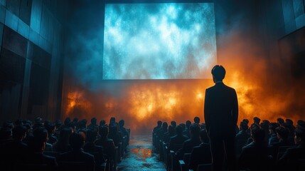 A speaker stands before an audience, illuminated by a cosmic-themed projection.