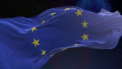Europe flag - Waving flag on celebrating fireworks for national holiday day. Ceremony for patriotic...