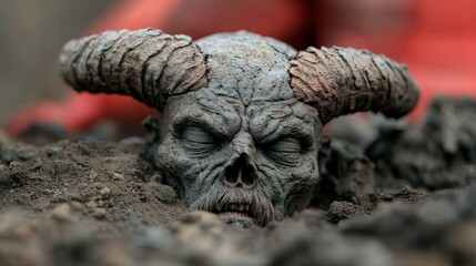 Obraz premium Demon Skull Buried in Dirt Halloween Horror Monster Fantasy Dark Scary