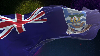 falkland Islands flag - Waving flag on celebrating fireworks for national holiday day. Ceremony for...