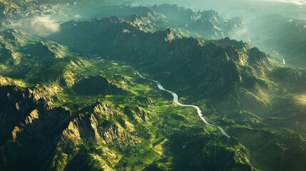 Fototapeta premium Aerial view of rolling mountains covered in rich green vegetation, valleys below dotted with rivers.
