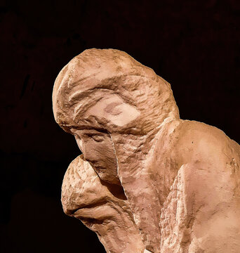 The face of Rondanini Pieta, the last, unfinished work by Michelangelo Buonarroti in Castello Sforzesco in Milan. 