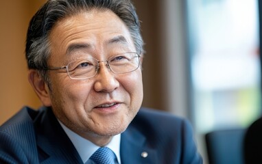 Japanese CEO in Professional Attire Smiling in Office