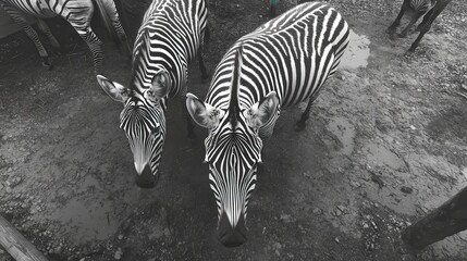 Zebras Grazing with Unique Stripes in Natural Habitat