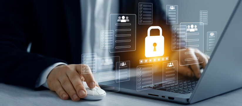 Protecting herself from cyber attacks. Documents confidentiality,cyber security protection concept. Software for security, searching and managing corporate document and employee information.