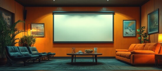 Cozy lounge area with a projector screen, ideal for presentations or movie nights.