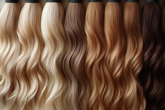 A display of hair extensions in various shades and textures for styling purposes.