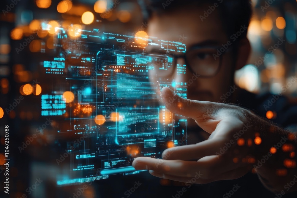 Poster Software engineer working with holographic interface showing code and data analysis