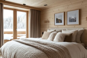 Cozy bedroom interior with large comfortable bed facing snowy mountains landscape seen through balcony doors