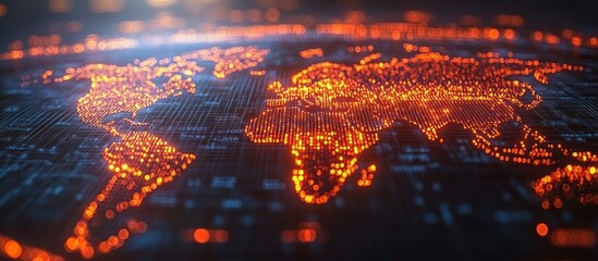 A digital representation of a glowing world map with data points and connections.