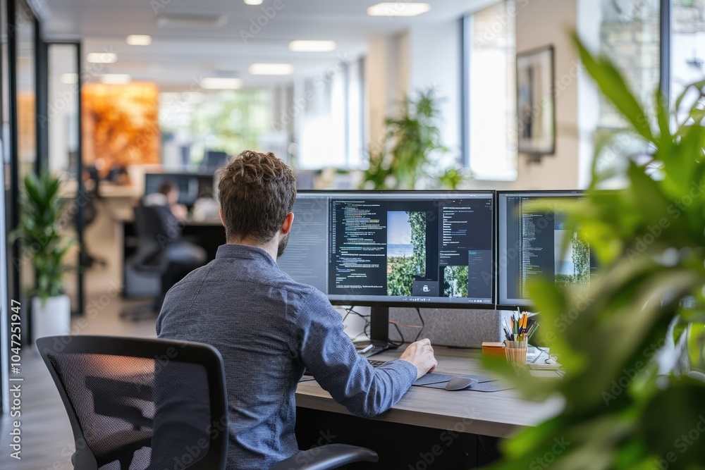 Fototapete Computer programmer writing code on computer in busy open plan office