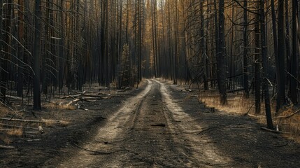 Fototapeta premium A Dirt Path Through a Forest After a Wildfire