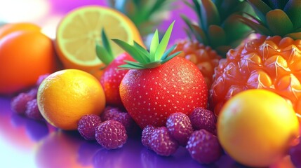 Bright 3D fruit relief design, colorful tropical style, simple and high-quality textures.