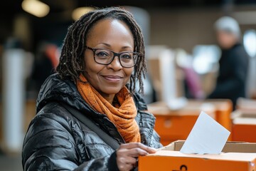 Smiling black woman putting ballot paper in orange voting box