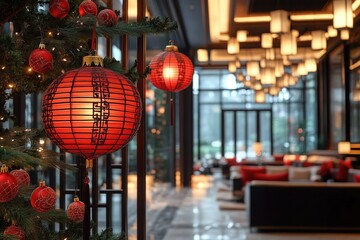 Red lanterns hanging near christmas tree in hotel lobby