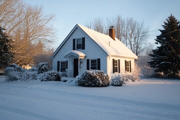 Small white cottage house covered in snow on sunny winter day