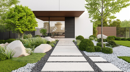 Fototapeta premium Outdoor modern walkway with textured stone tiles, surrounded by stylish metal fences and plants