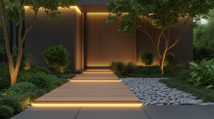 Fototapeta premium Outdoor walkway with wooden slats and modern lighting, leading through a minimalist garden