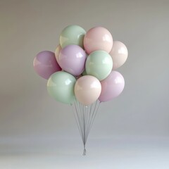 A pastel-colored balloon bouquet, featuring soft pink, mint green, and lavender balloons, floating gracefully in front of a plain background