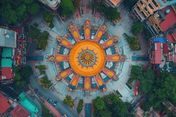 Aerial view of colorful buddhist temple in ho chi minh city, vietnam, surrounded by green trees