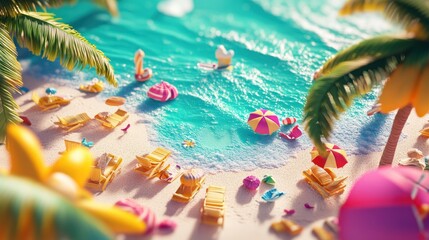 Obraz premium Colorful 3D beach scene, vibrant and simple, high-quality with bright colors and tropical vibe.