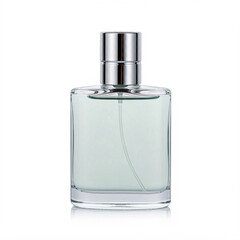 Naklejka premium glass bottle of clear perfume with silver lid and sprayer on white background