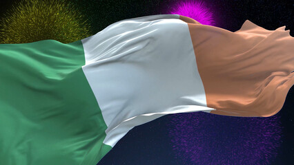 Ireland flag - Waving flag on celebrating fireworks for national holiday day. Ceremony for patriotic celebration of nation 