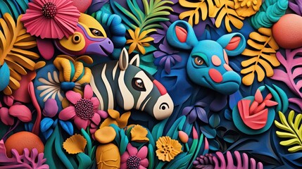 Fototapeta premium Colorful 3D relief with animal illustrations, vibrant and playful, artistic layers in high resolution for a stunning effect.