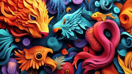 Fototapeta premium Colorful animal textures in 3D relief, smooth gradients with intricate detailing, modern and eye-catching style.