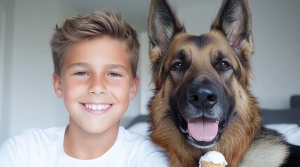 Happy Boy and German Shepherd Dog Sharing Ice Cream Cone