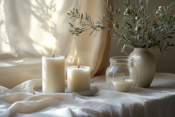 A serene arrangement of candles and olive branches, creating a calm, inviting atmosphere.