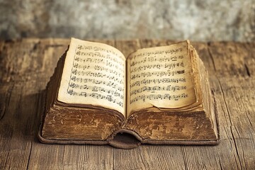 Obraz premium Aged book with music sheets. Vintage musical score. generative ai