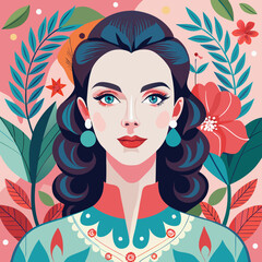 Elegant woman with floral patterns painted on her face, in a soft, pastel color palette