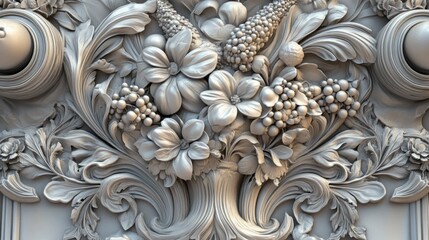 Decorative European 3D carving, smooth textures with vibrant color palette, high-resolution design.