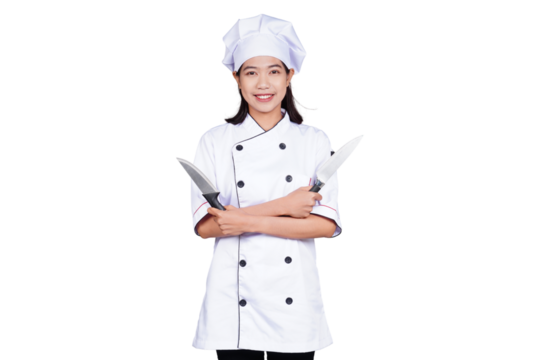 Asian woman chef in uniform holding kitchen utensils isolated transparent - Powered by Adobe