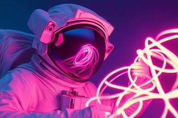 Fototapeta premium An astronaut looking at neon pink cables 