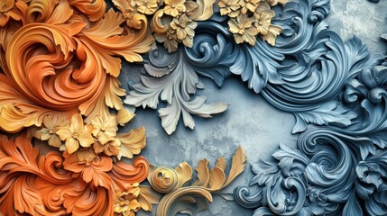 European-style 3D relief sculpture, intricate design, vibrant colors, high-resolution detailing, classic ornamental beauty.