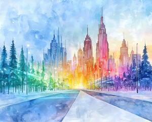 Obraz premium Winter sci-fi metropolis with towering spires, icy streets, and glowing energy fields protecting against the harsh cold, watercolor twilight