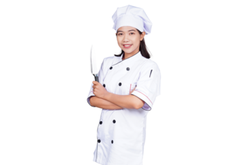 Asian woman chef in uniform holding kitchen utensils isolated transparent
